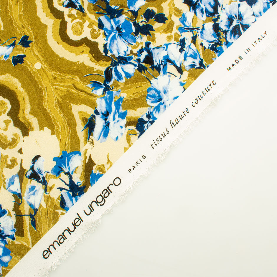 Khaki Green & Blue Floral Silk Crêpe de Chine