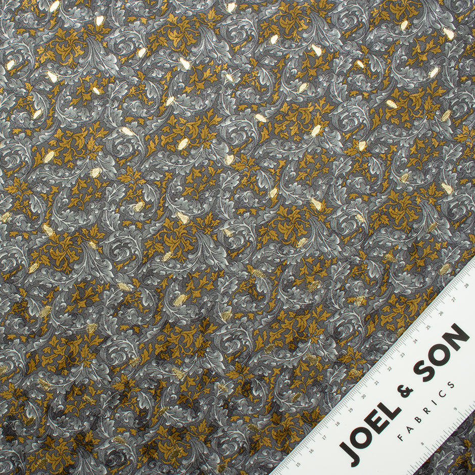 Gold Leaf Printed Grey Silk Metallic Jacquard