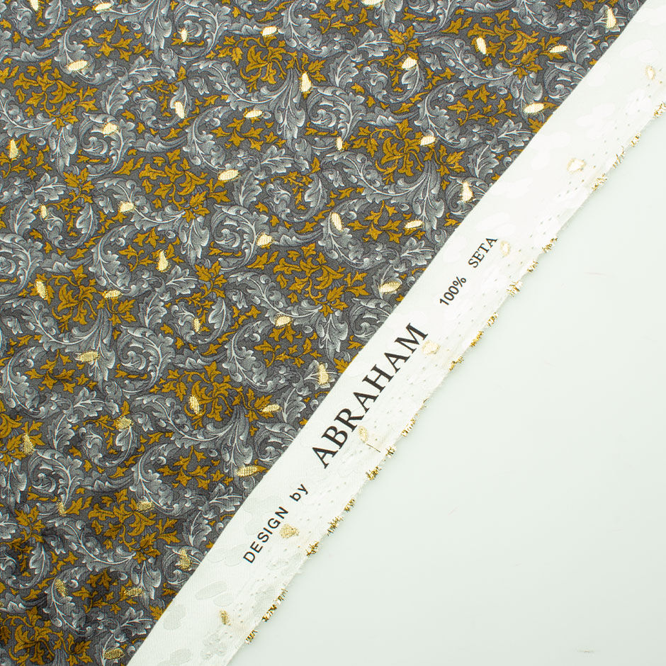 Gold Leaf Printed Grey Silk Metallic Jacquard