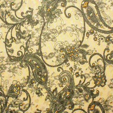 Green Floral Print on Beige Silk Fabric