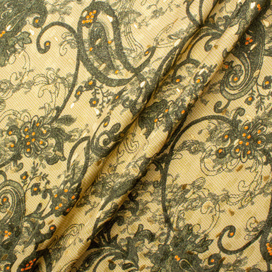 Green Floral Print on Beige Silk Fabric