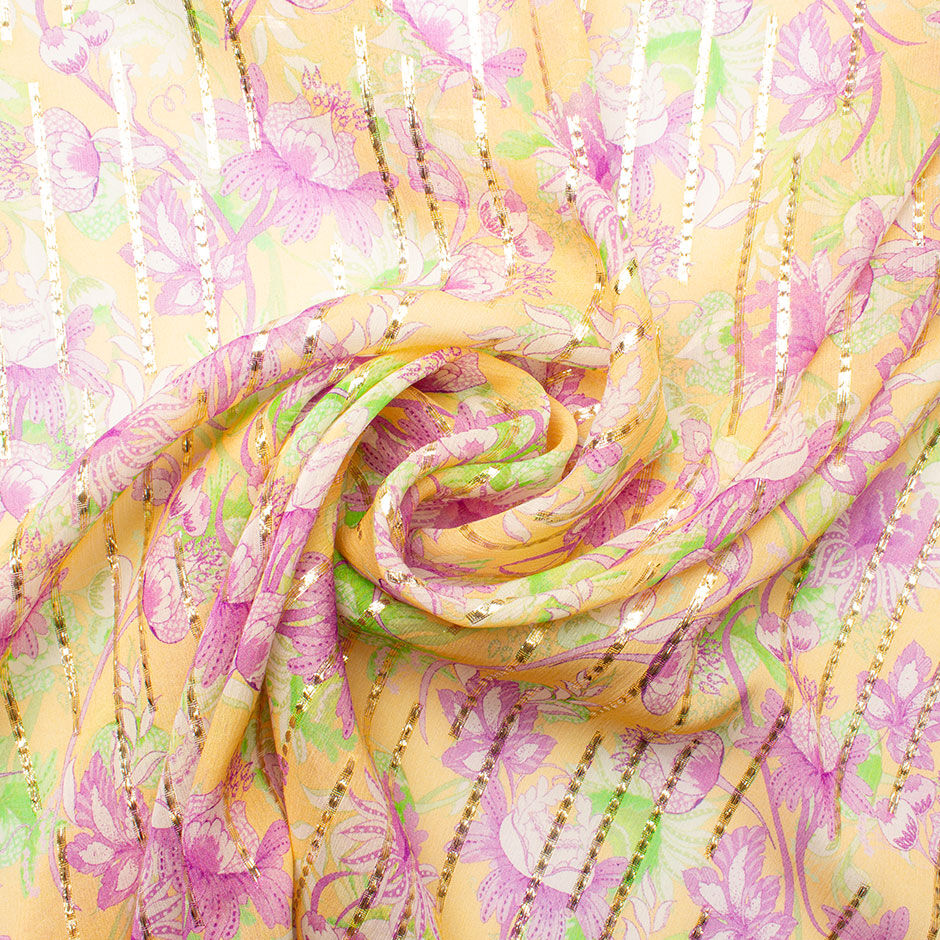 Lilac & White Floral Printed Silk Metallic Jacquard