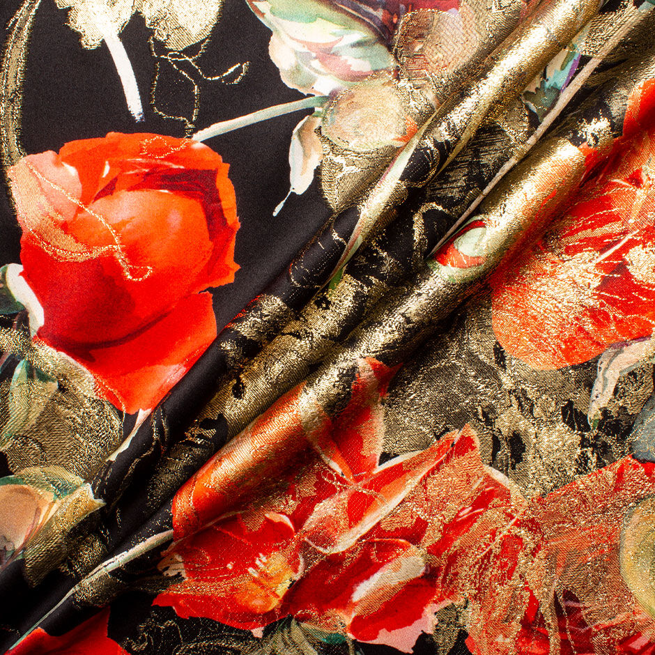 Red Rose Printed Metallic Black Silk Satin