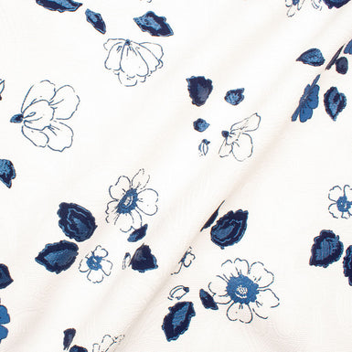 Blue Floral Printed Microfibre Piqué Fabric