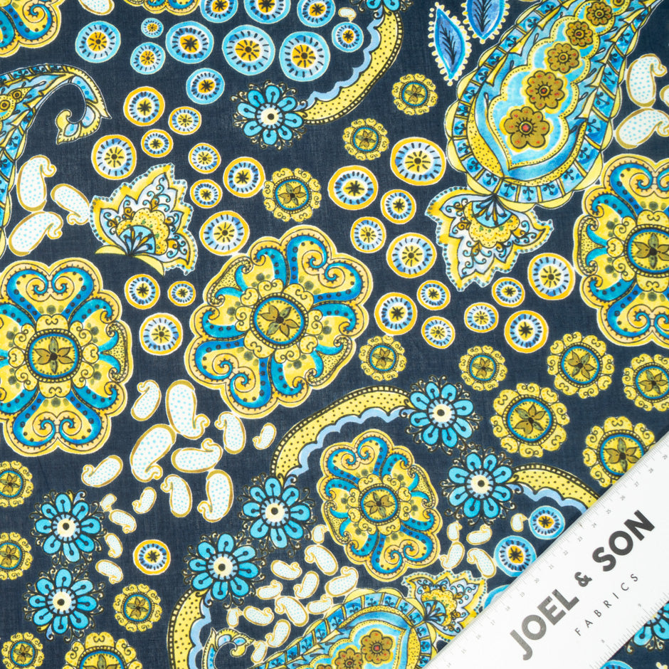 Yellow & Blue Paisley Printed Midnight Blue Cotton