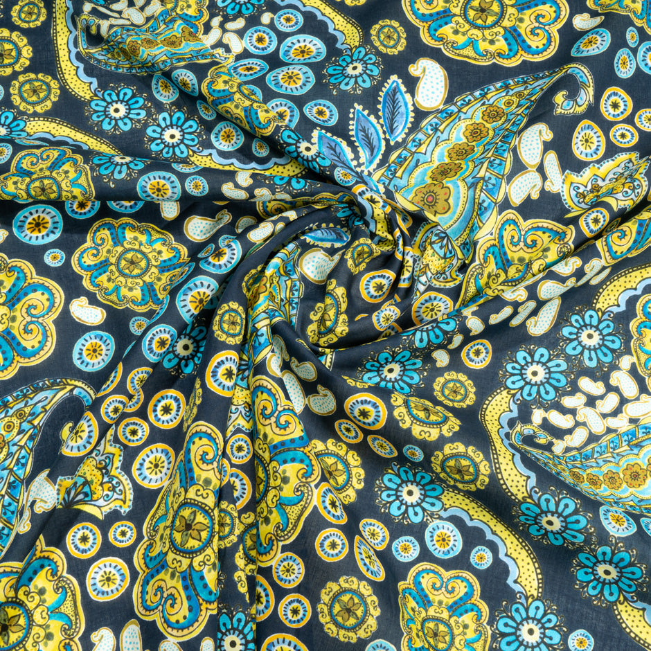 Yellow & Blue Paisley Printed Midnight Blue Cotton