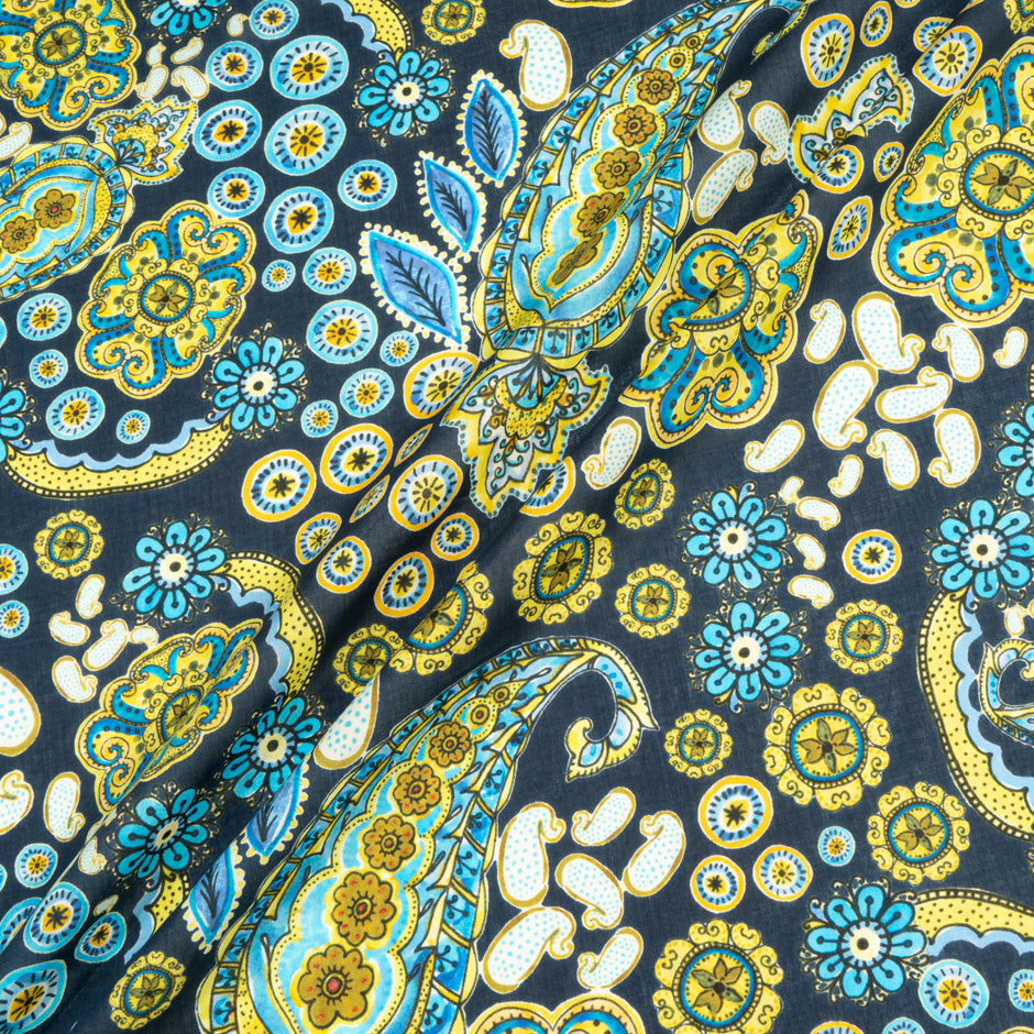 Yellow & Blue Paisley Printed Midnight Blue Cotton