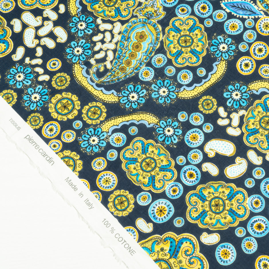 Yellow & Blue Paisley Printed Midnight Blue Cotton