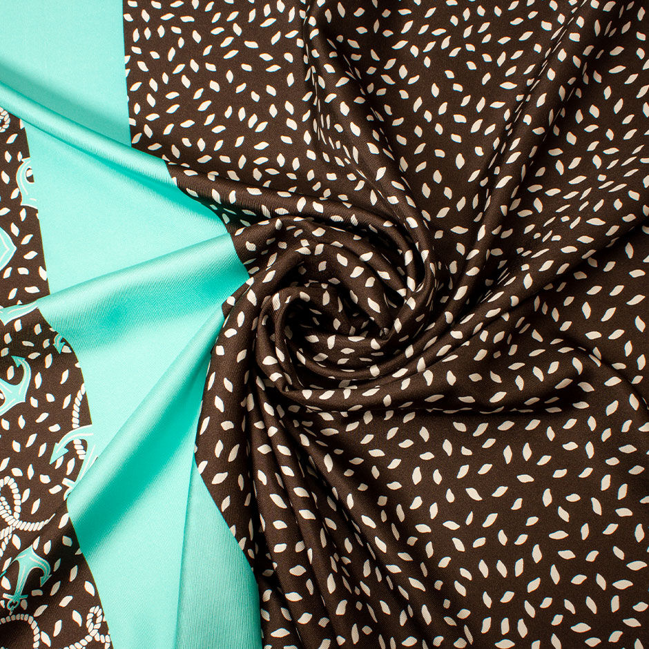 Turquoise Anchor Printed Brown Pure Silk Twill