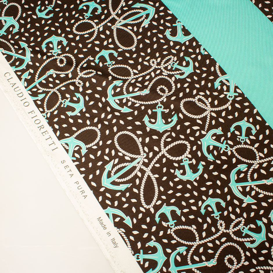 Turquoise Anchor Printed Brown Pure Silk Twill