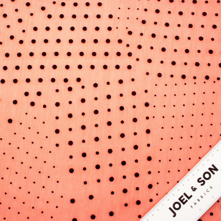 Black Flocked Spotted Red/Orange Crinkled Silk Chiffon