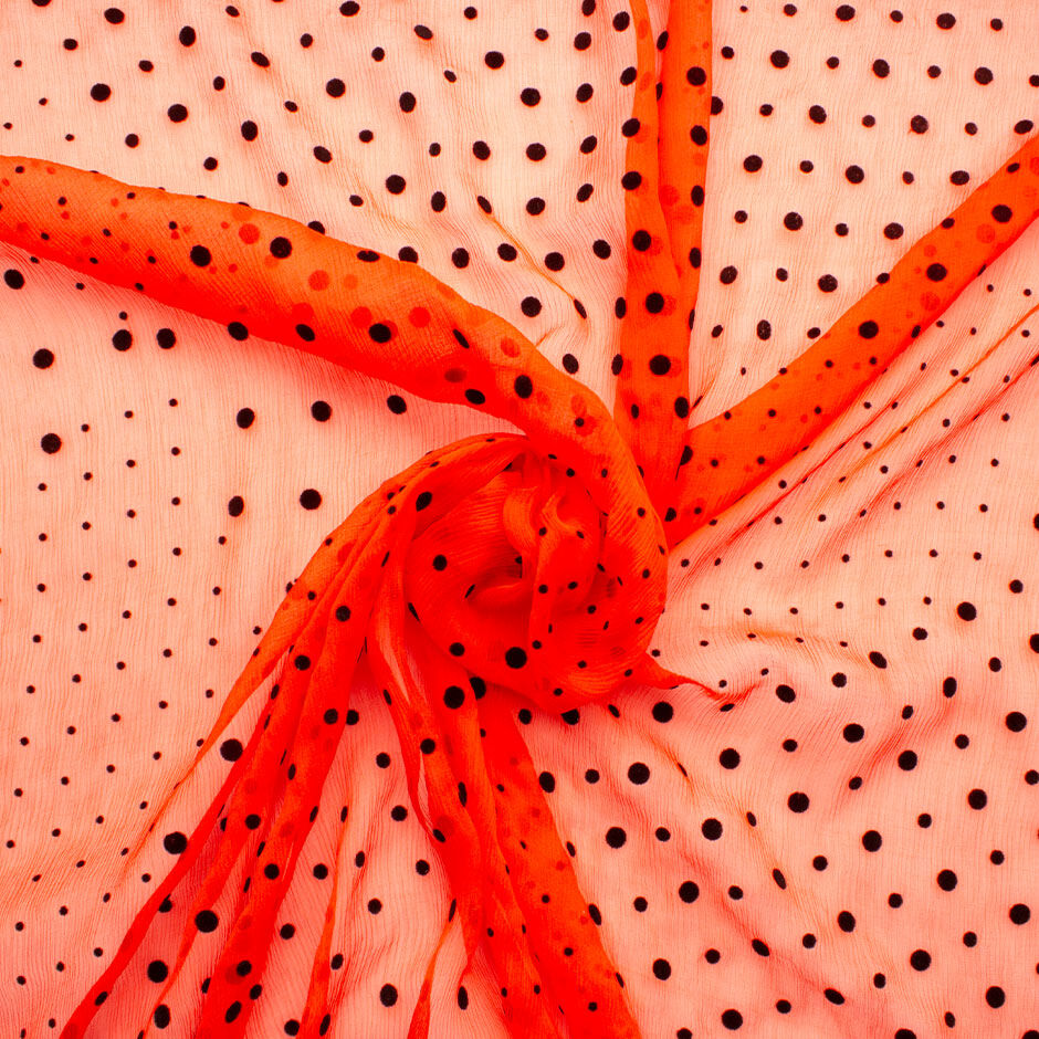 Black Flocked Spotted Red/Orange Crinkled Silk Chiffon