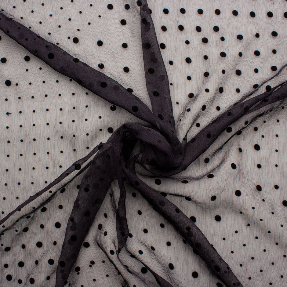 Midnight Blue Flocked Spot Crinkled Silk Chiffon