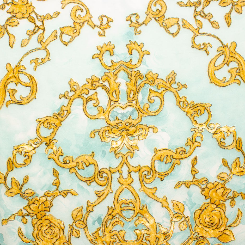 Gold Filigree & Pale Blue Devoré Velvet
