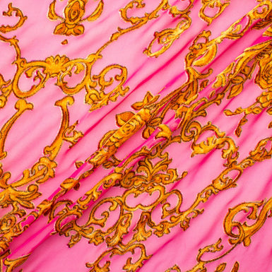 Bubble Gum Pink & Gold Filigree Printed Devoré Velvet