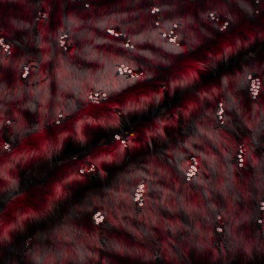 Black Tipped Burgundy Sequin Embroidered Faux Fur