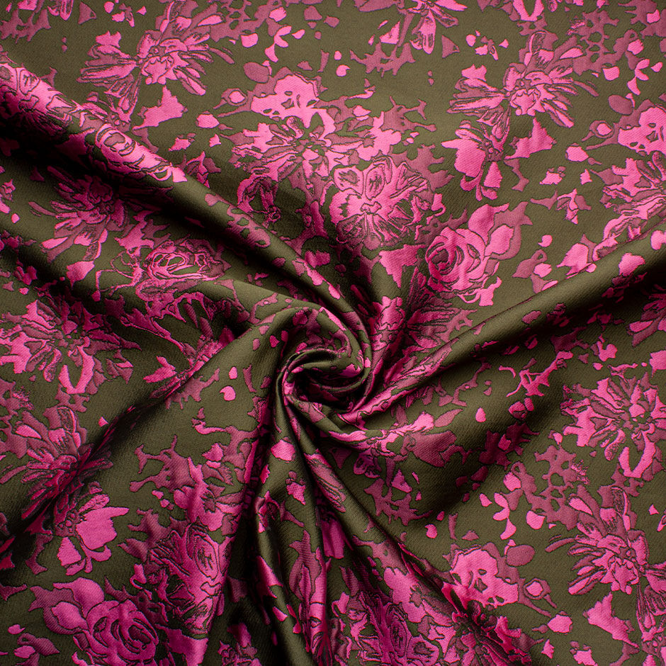 Dark Green & Fuchsia Pink Jacquard Shantung