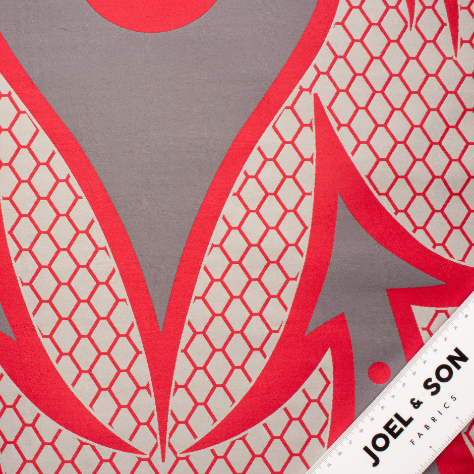 Grey & Red Patterned Jacquard Brocade