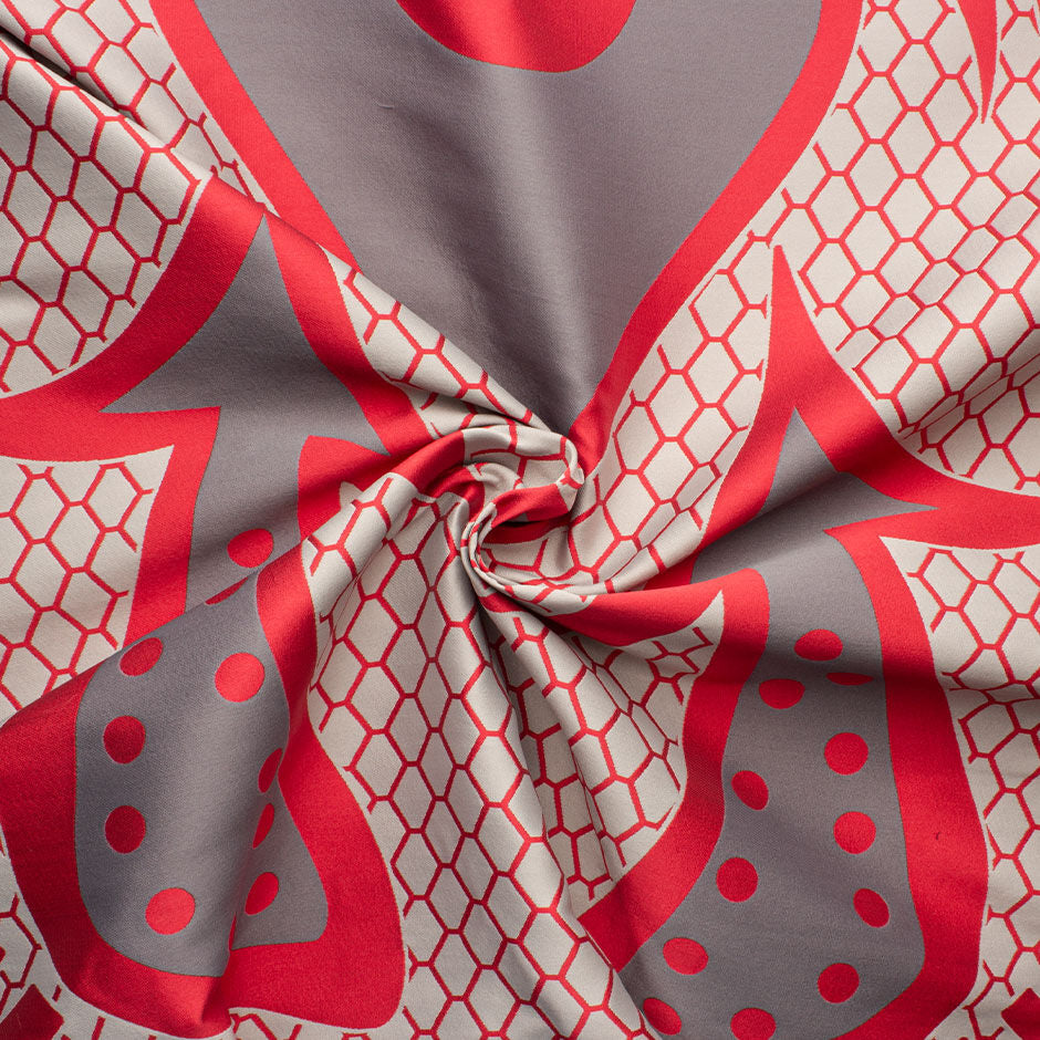 Grey & Red Patterned Jacquard Brocade