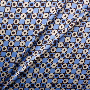 Blue, Brown & Ivory Geometric Printed Silk Satin