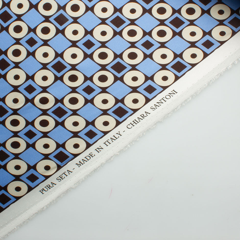 Blue, Brown & Ivory Geometric Printed Silk Satin