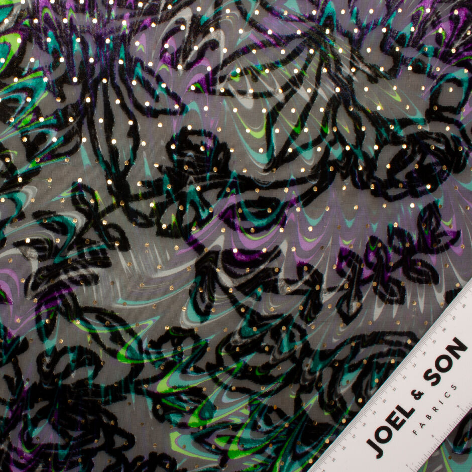 Dark Purple, Green Spot Laminated Black Devoré Velvet