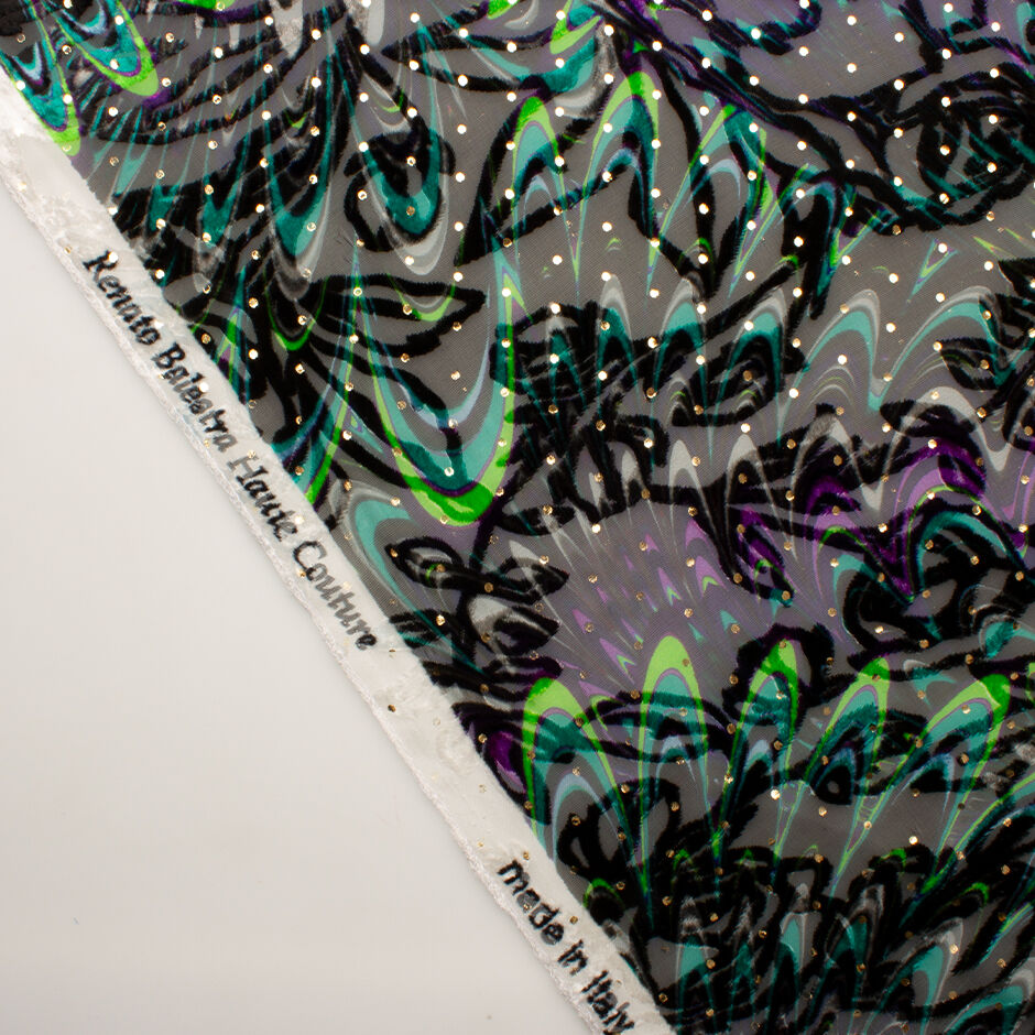 Dark Purple, Green Spot Laminated Black Devoré Velvet