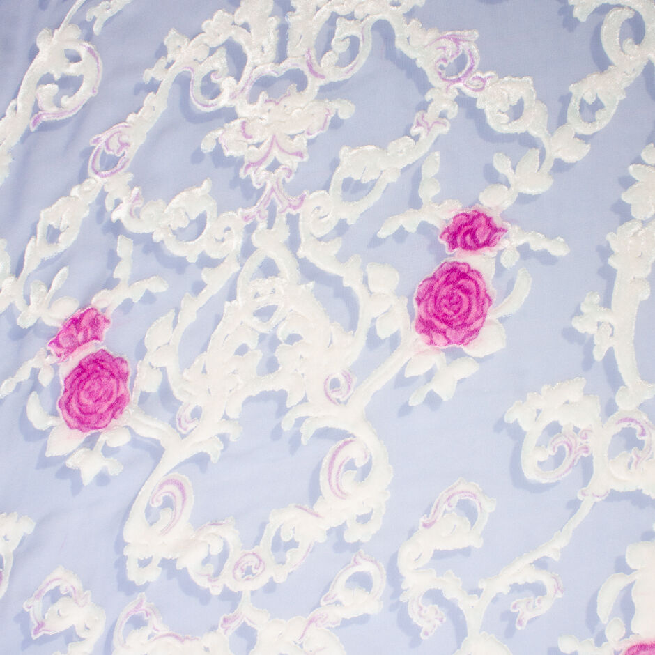 White Filigree on Blue Double Printed Devoré Velvet (A 2.80m Piece)