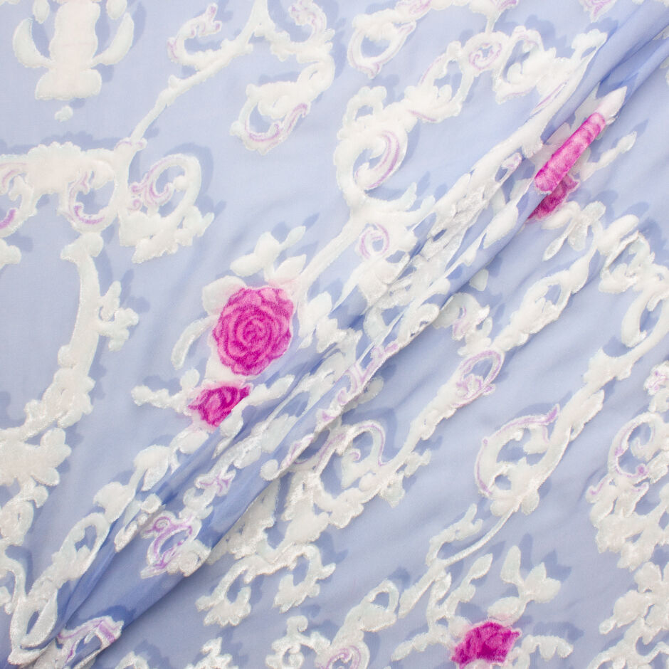 White Filigree on Blue Double Printed Devoré Velvet (A 2.80m Piece)