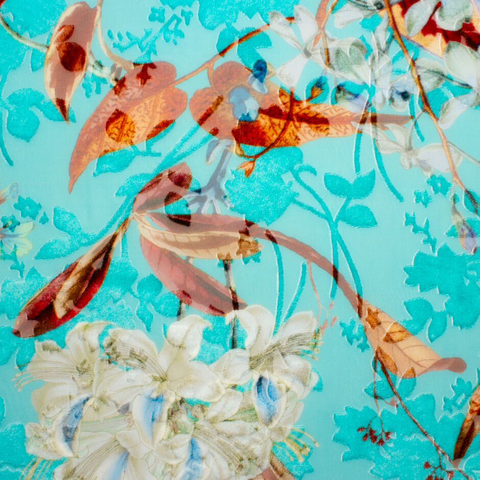 Devore Floral Pattern Floral Turquoise Devoré Velvet | Printed Material