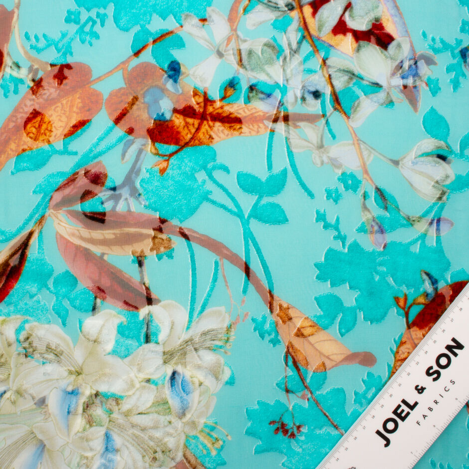 Floral Printed Turquoise Devoré Velvet