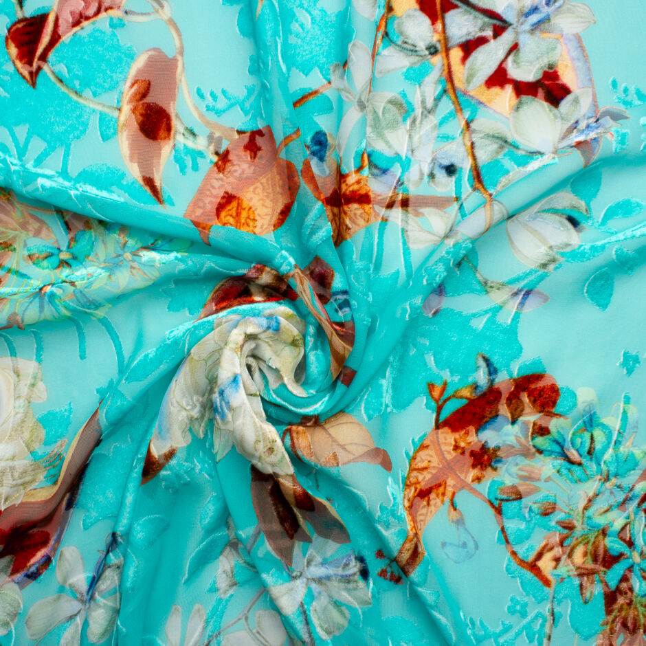 Floral Printed Turquoise Devoré Velvet