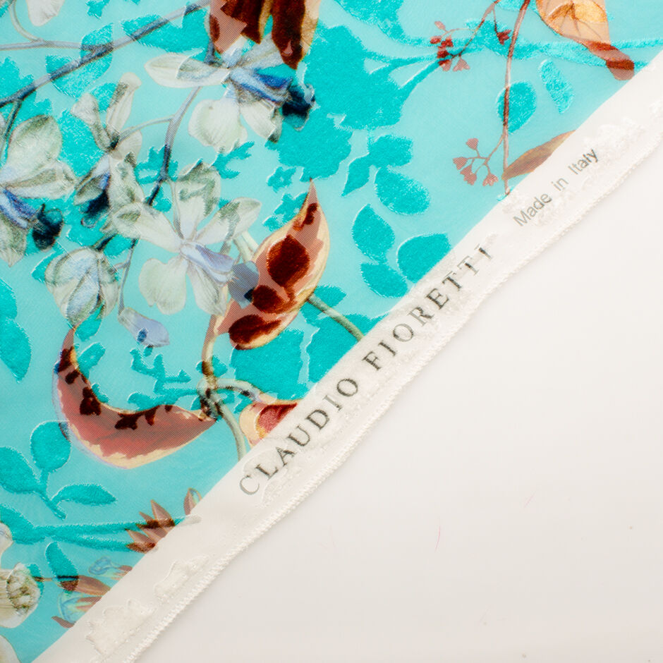 Floral Printed Turquoise Devoré Velvet