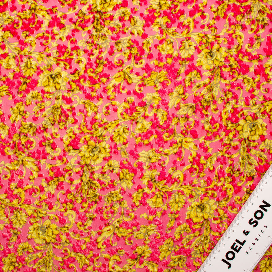 Fuchsia Pink & Yellow Floral Devoré Velvet