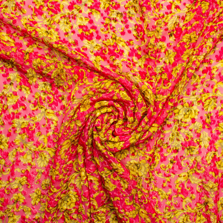 Fuchsia Pink & Yellow Floral Devoré Velvet
