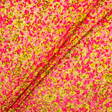 Fuchsia Pink & Yellow Floral Devoré Velvet