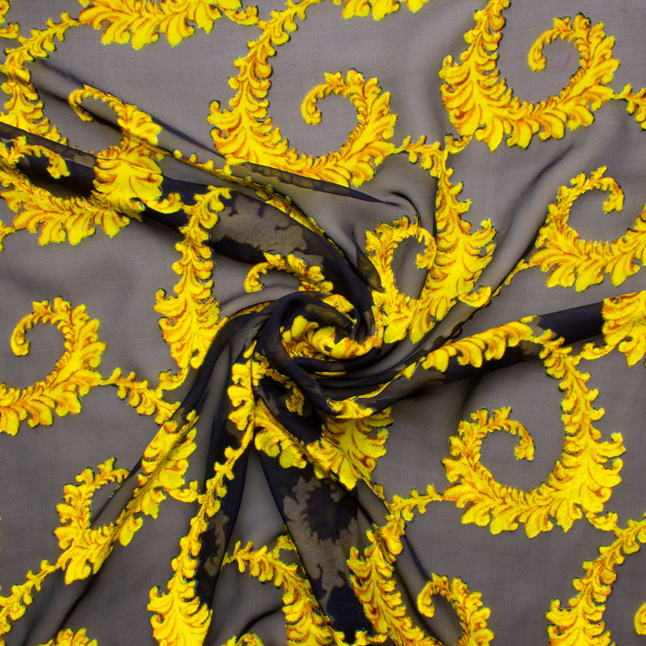 Yellow Gold Filigree Midnight Blue Devoré Velvet (A 2.70m Piece)