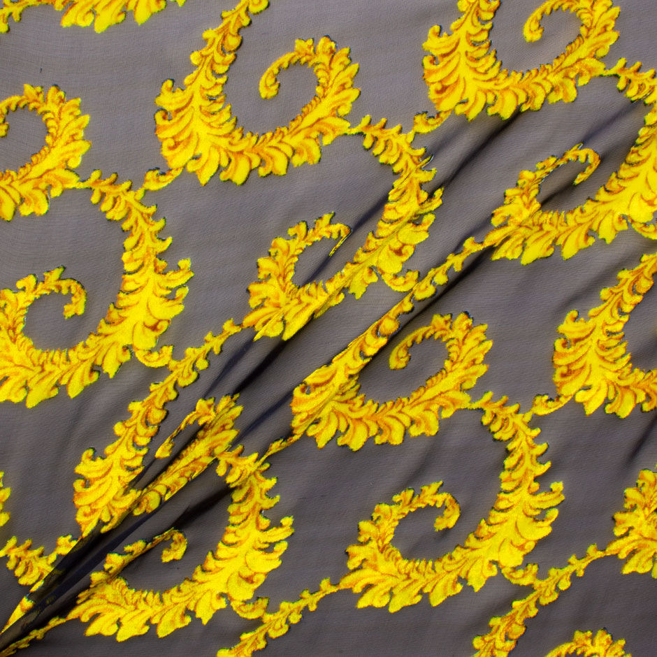 Yellow Gold Filigree Midnight Blue Devoré Velvet (A 2.70m Piece)