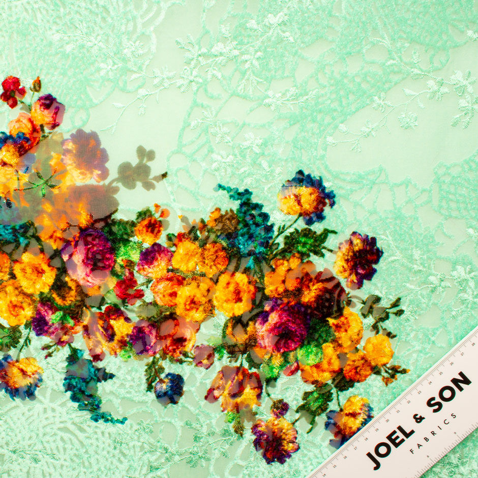 Orange Floral Mint Embroidered Green Devoré Velvet