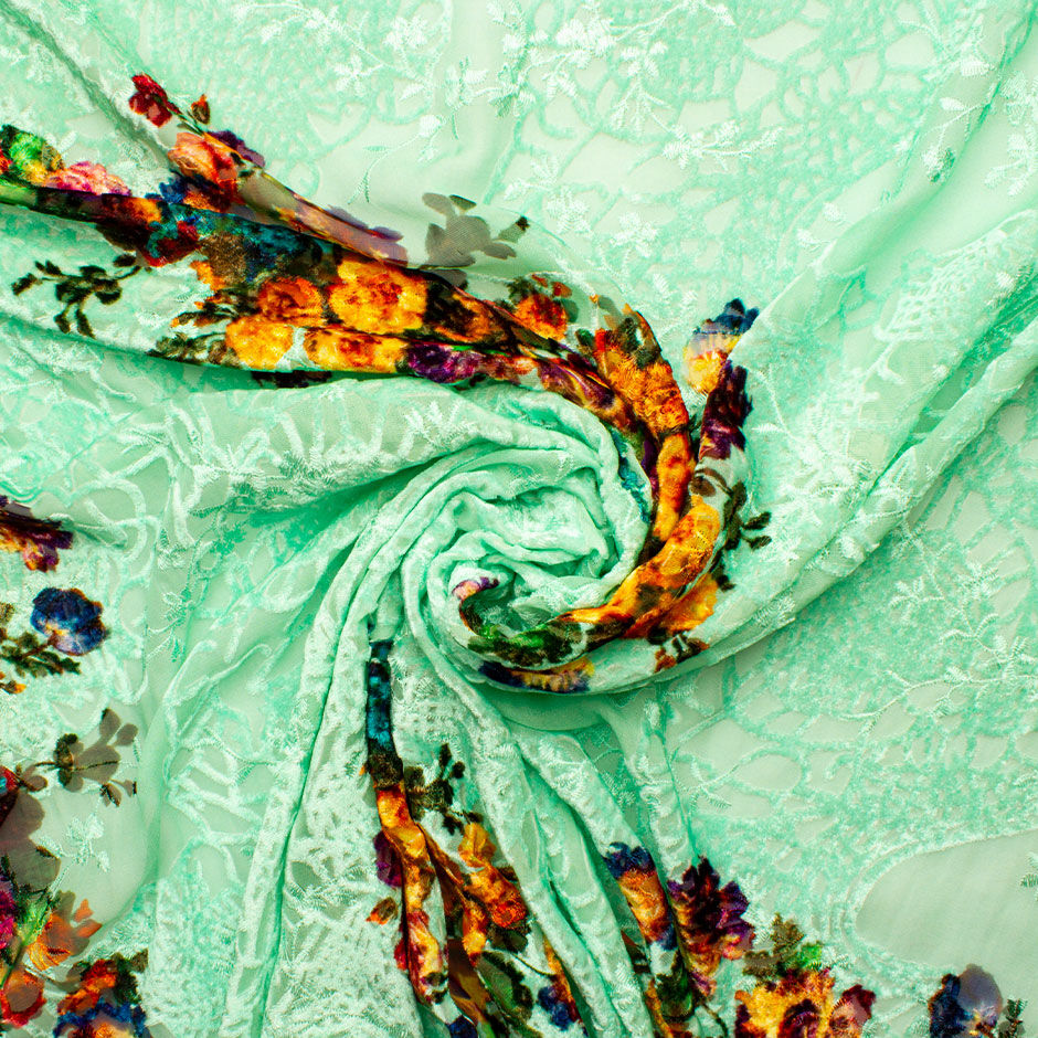 Orange Floral Mint Embroidered Green Devoré Velvet