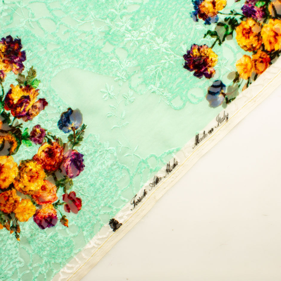 Orange Floral Mint Embroidered Green Devoré Velvet