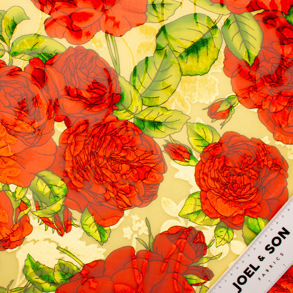 Large Red Floral Printed Yellow Velvet