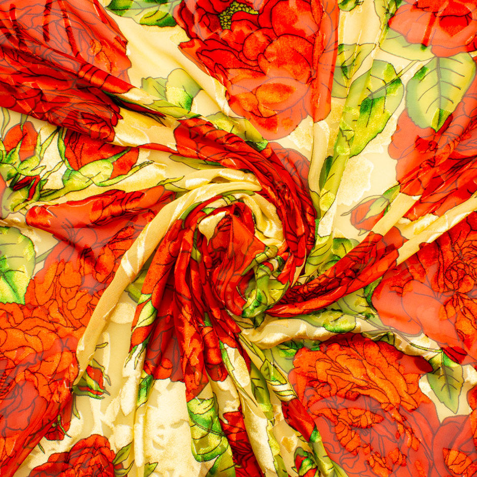 Large Red Floral Printed Yellow Velvet