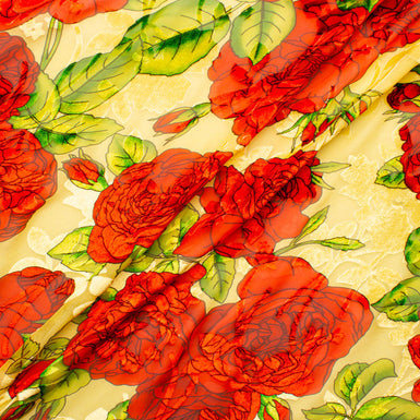 Large Red Floral Printed Yellow Velvet