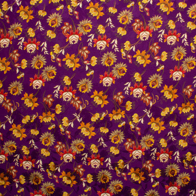 Yellow & Burnt Orange Floral Printed Purple Silk Jacquard