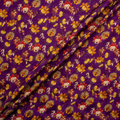 Yellow & Burnt Orange Floral Printed Purple Silk Jacquard