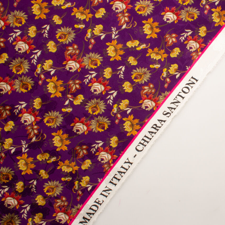 Yellow & Burnt Orange Floral Printed Purple Silk Jacquard