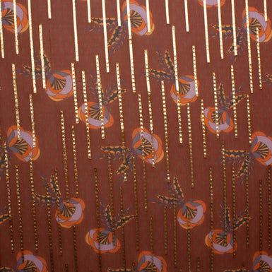 Rust Brown Floral Printed Metallic Silk Chiffon