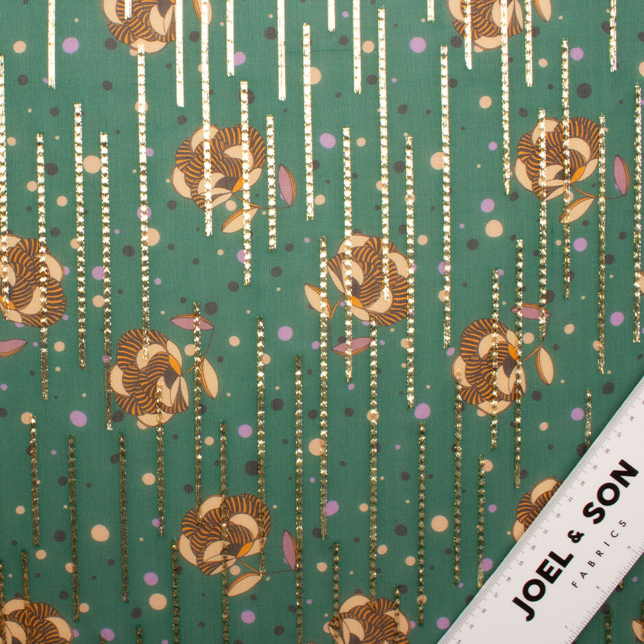 Floral Printed Gold Lamé Fern Green Silk Chiffon