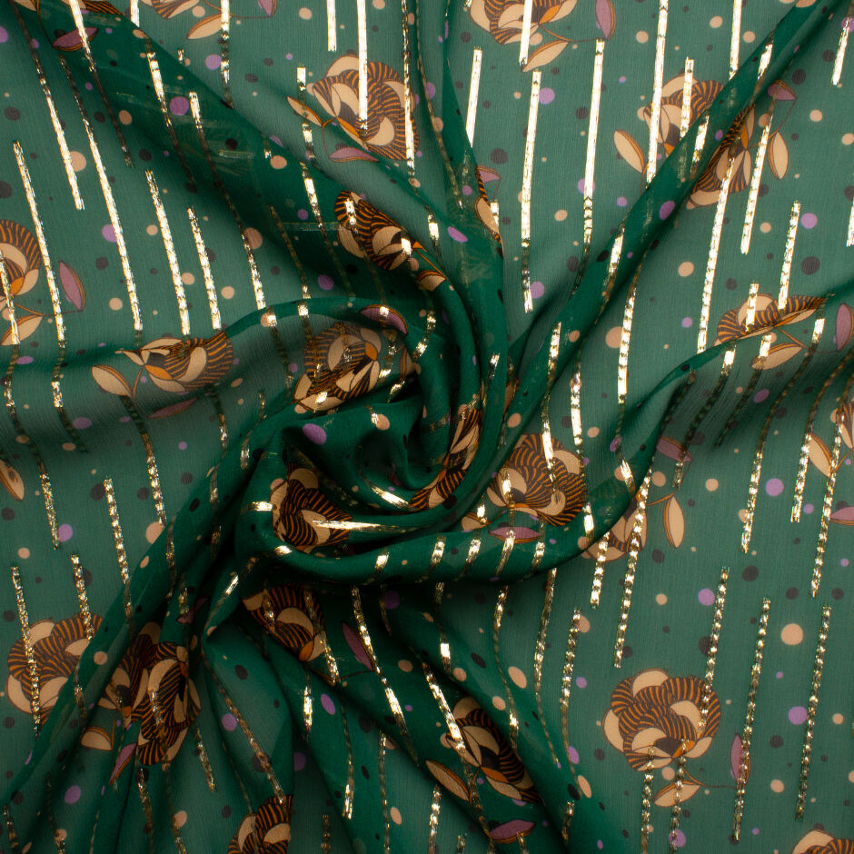 Floral Printed Gold Lamé Fern Green Silk Chiffon